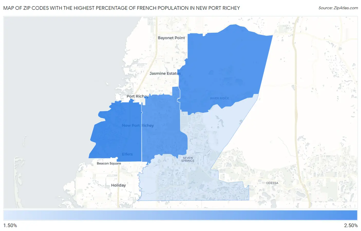 Zip Codes with the Highest Percentage of French Population in New Port Richey Map