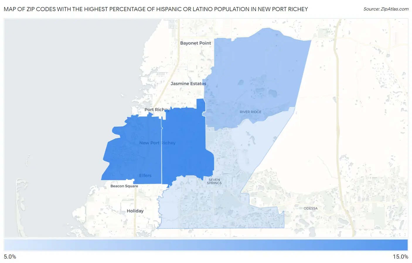 Zip Codes with the Highest Percentage of Hispanic or Latino Population in New Port Richey Map