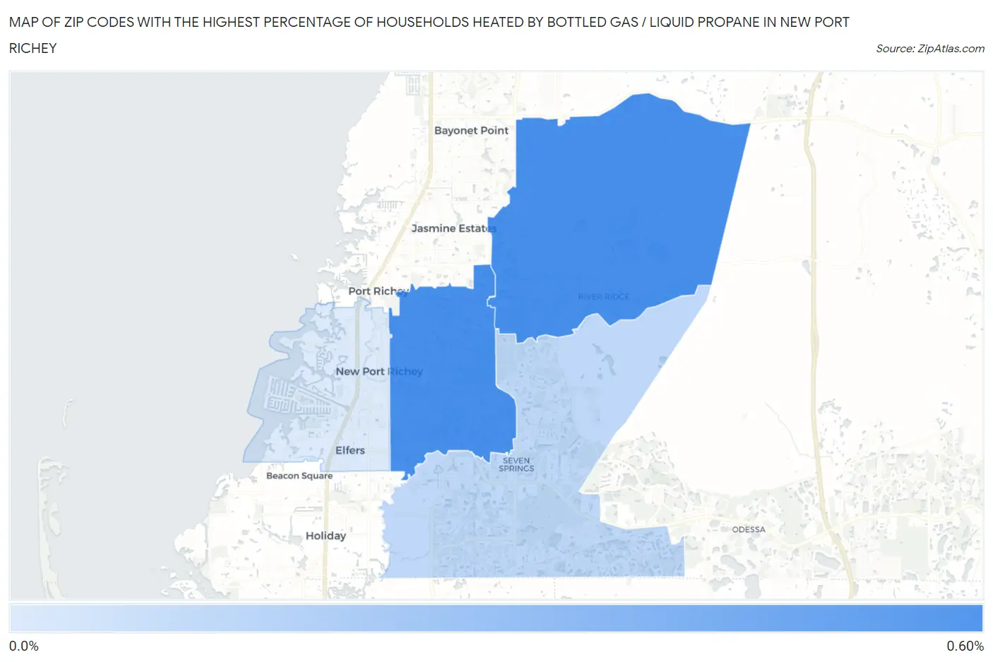 Zip Codes with the Highest Percentage of Households Heated by Bottled Gas / Liquid Propane in New Port Richey Map