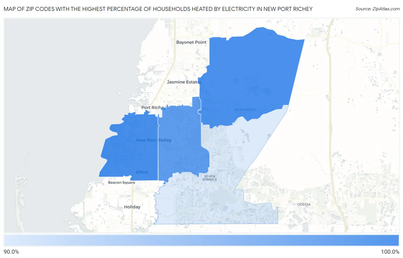 Zip Codes with the Highest Percentage of Households Heated by Electricity in New Port Richey Map