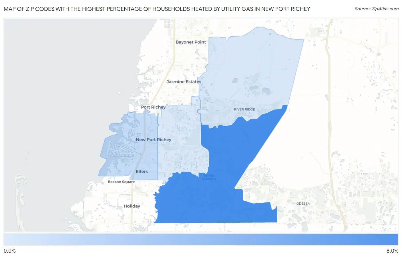 Zip Codes with the Highest Percentage of Households Heated by Utility Gas in New Port Richey Map