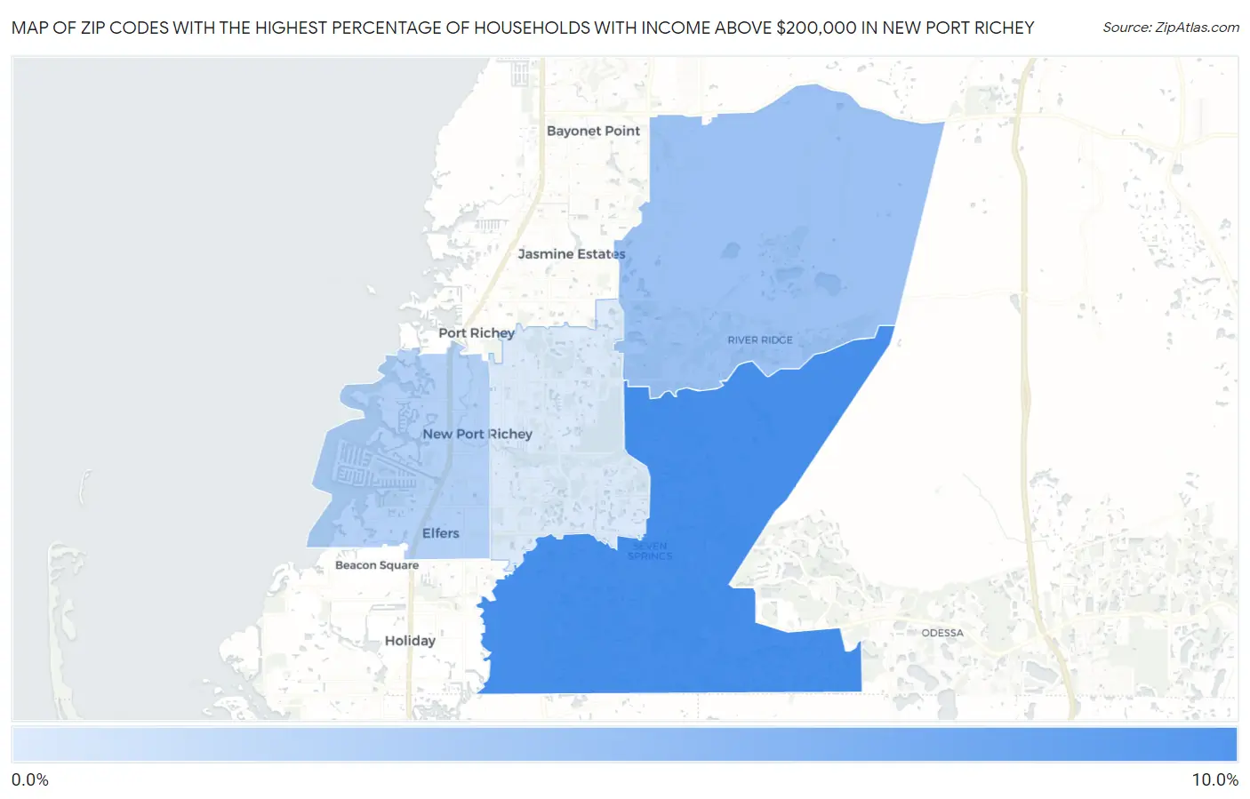 Zip Codes with the Highest Percentage of Households with Income Above $200,000 in New Port Richey Map