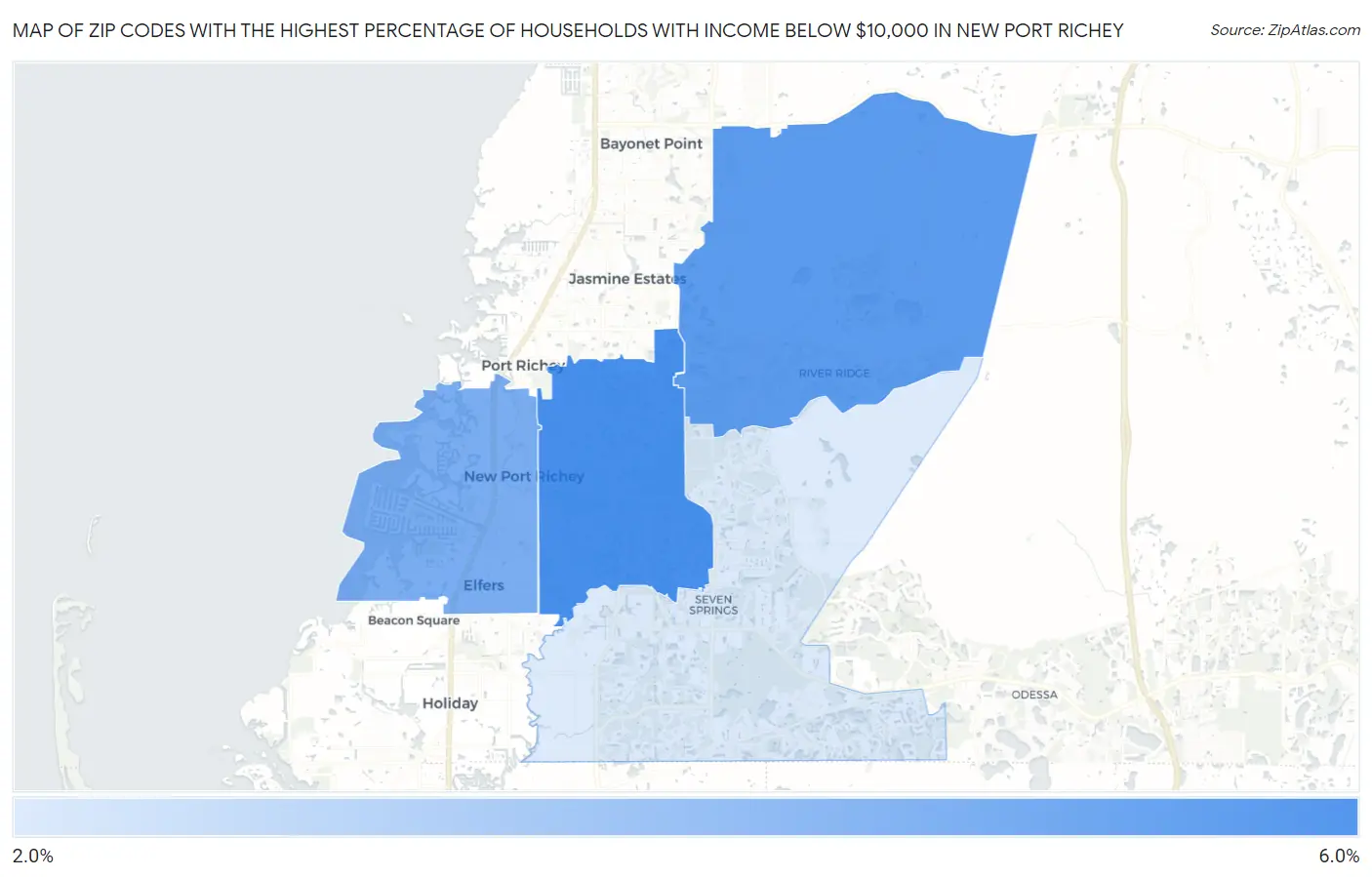 Zip Codes with the Highest Percentage of Households with Income Below $10,000 in New Port Richey Map