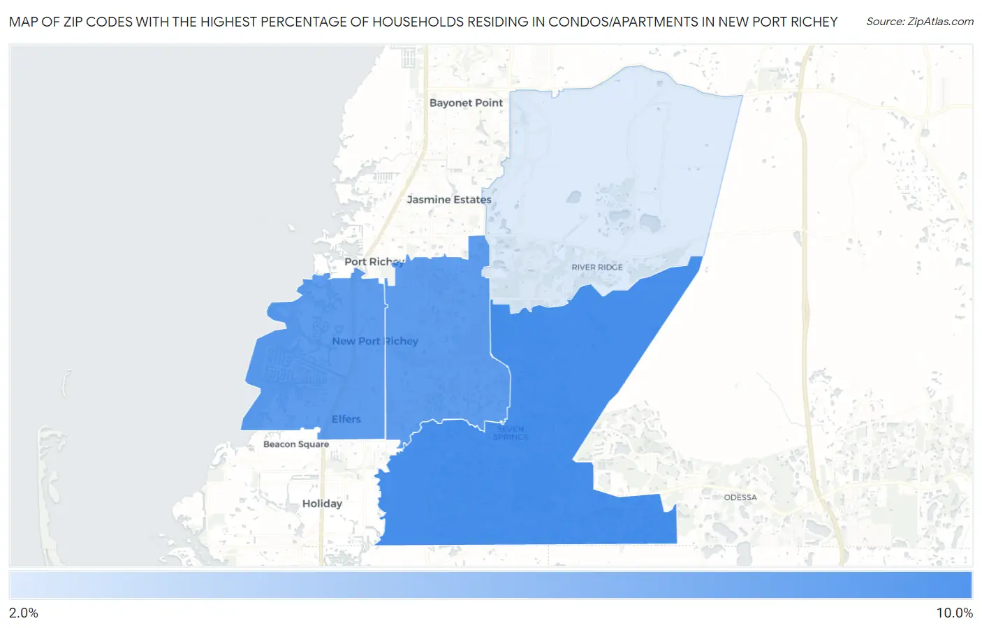 Zip Codes with the Highest Percentage of Households Residing in Condos/Apartments in New Port Richey Map