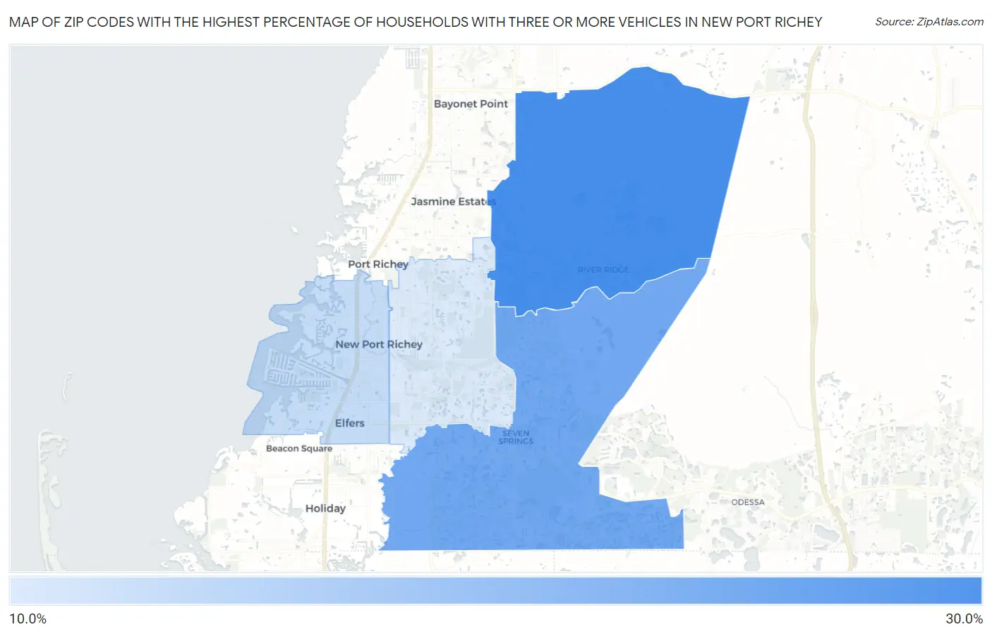Zip Codes with the Highest Percentage of Households With Three or more Vehicles in New Port Richey Map