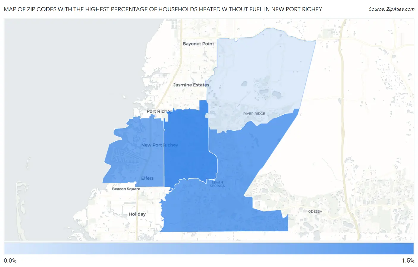 Zip Codes with the Highest Percentage of Households Heated without Fuel in New Port Richey Map
