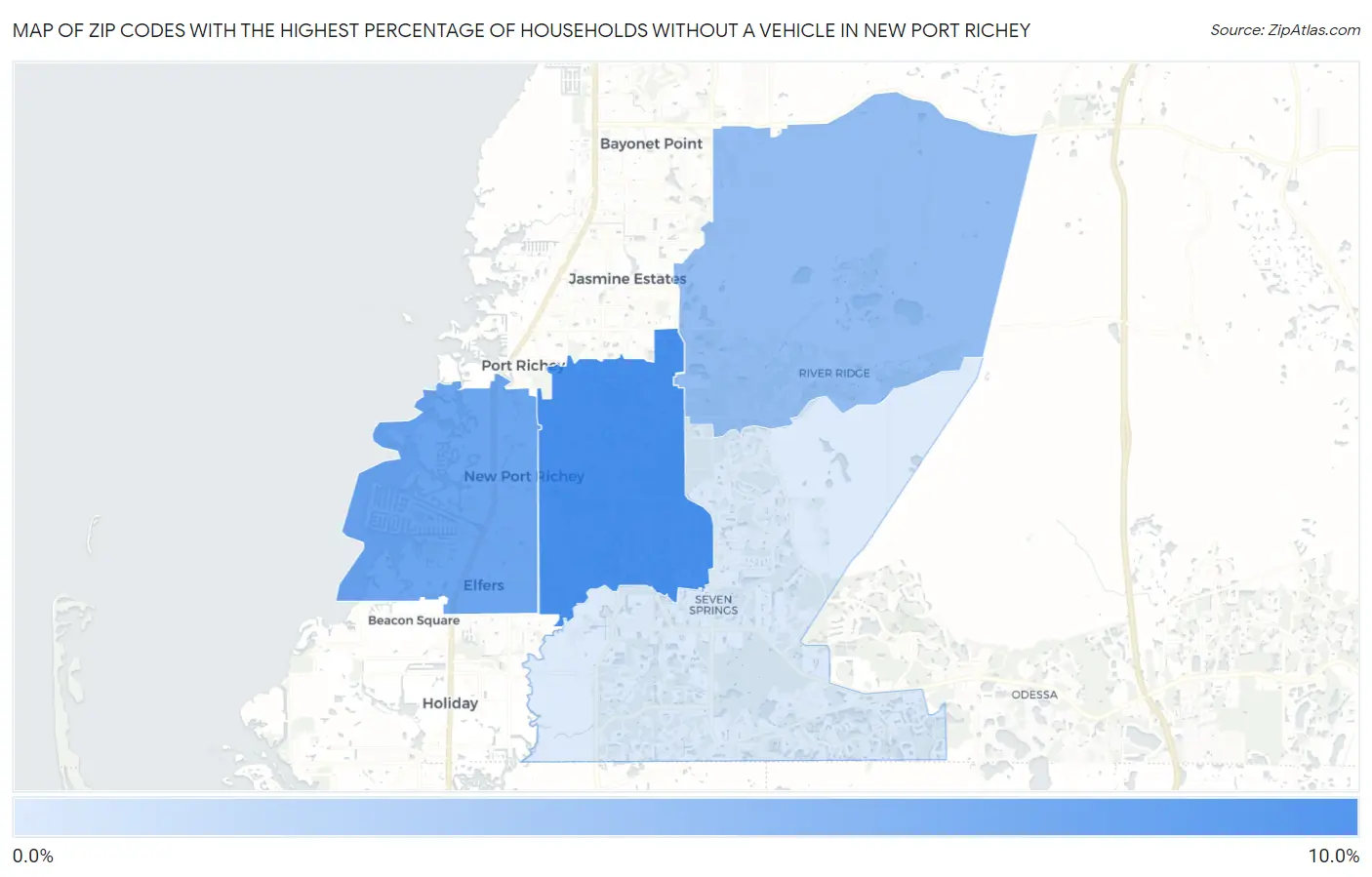 Zip Codes with the Highest Percentage of Households Without a Vehicle in New Port Richey Map