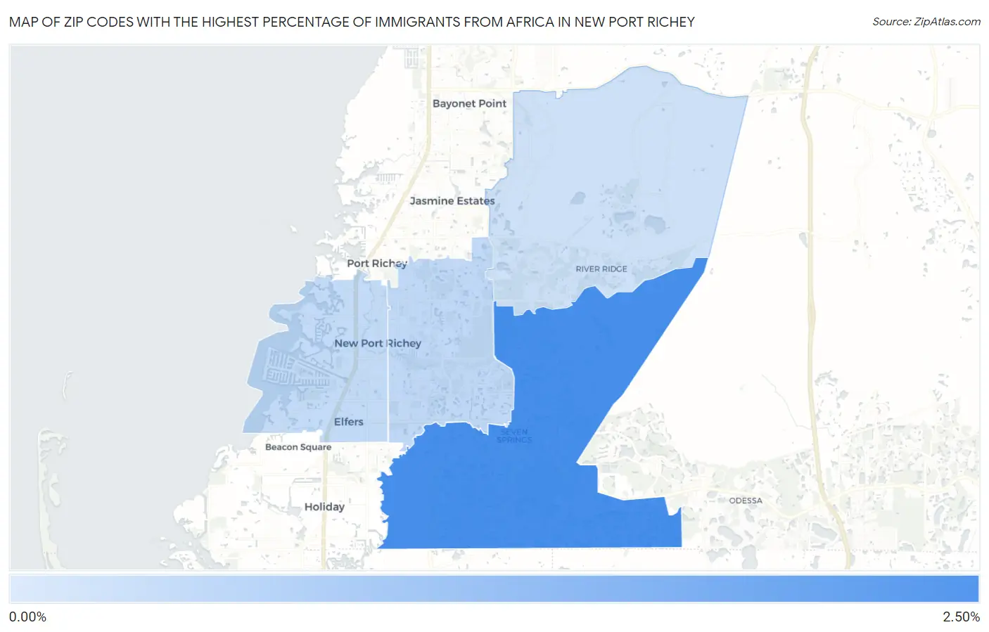 Zip Codes with the Highest Percentage of Immigrants from Africa in New Port Richey Map