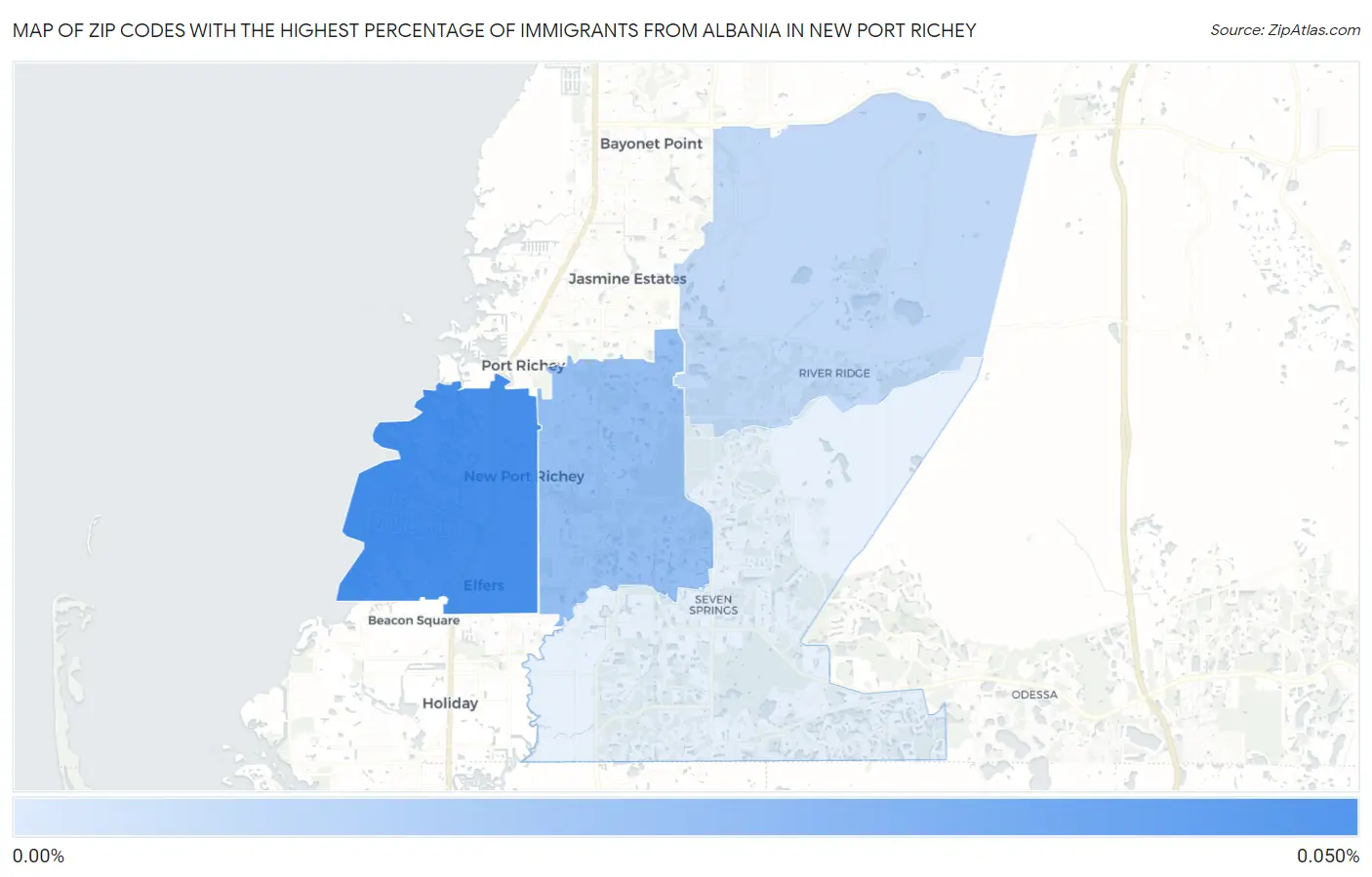 Zip Codes with the Highest Percentage of Immigrants from Albania in New Port Richey Map