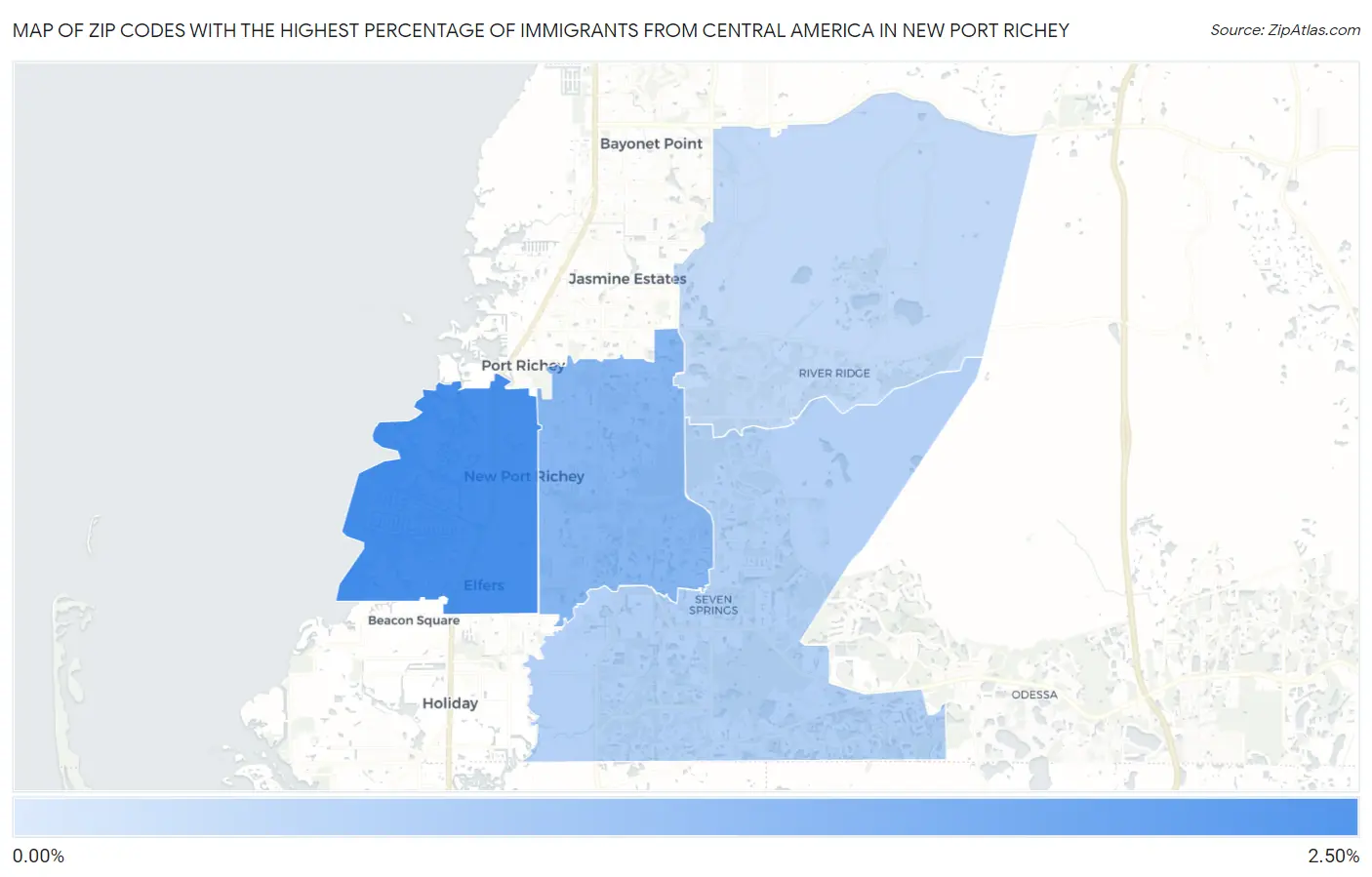 Zip Codes with the Highest Percentage of Immigrants from Central America in New Port Richey Map