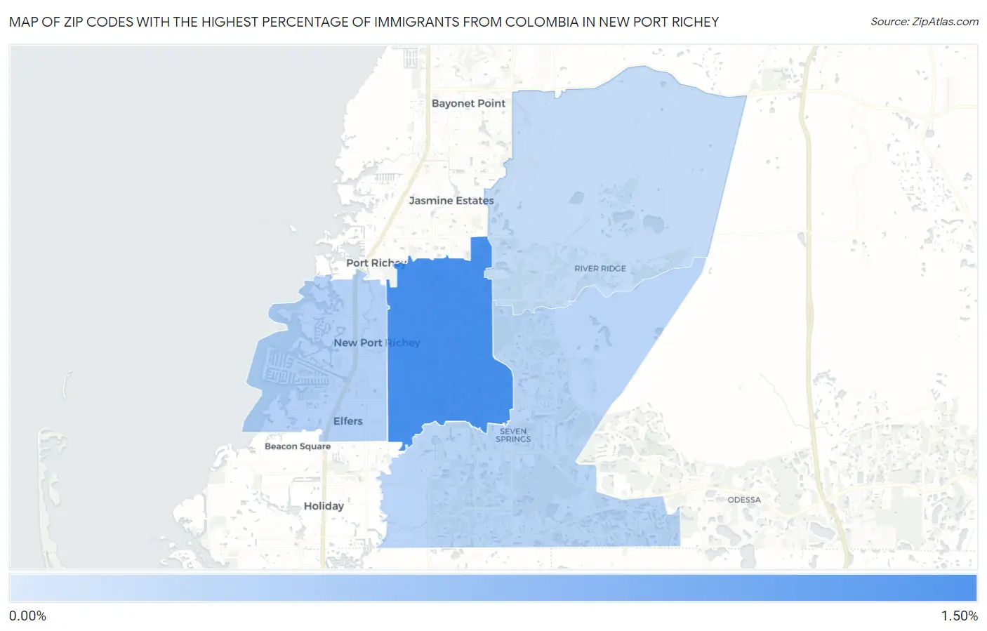 Zip Codes with the Highest Percentage of Immigrants from Colombia in New Port Richey Map