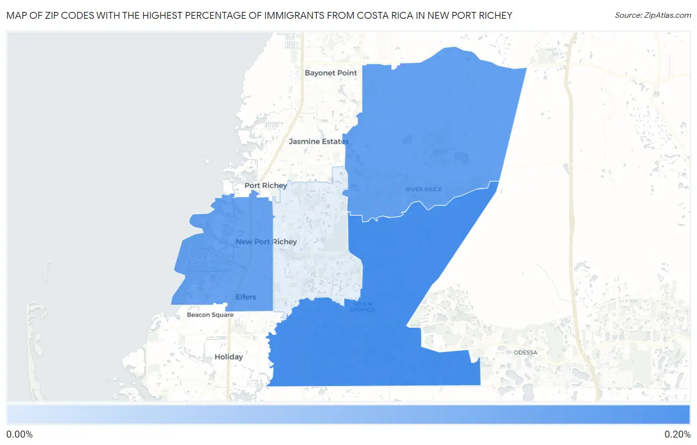 Zip Codes with the Highest Percentage of Immigrants from Costa Rica in New Port Richey Map