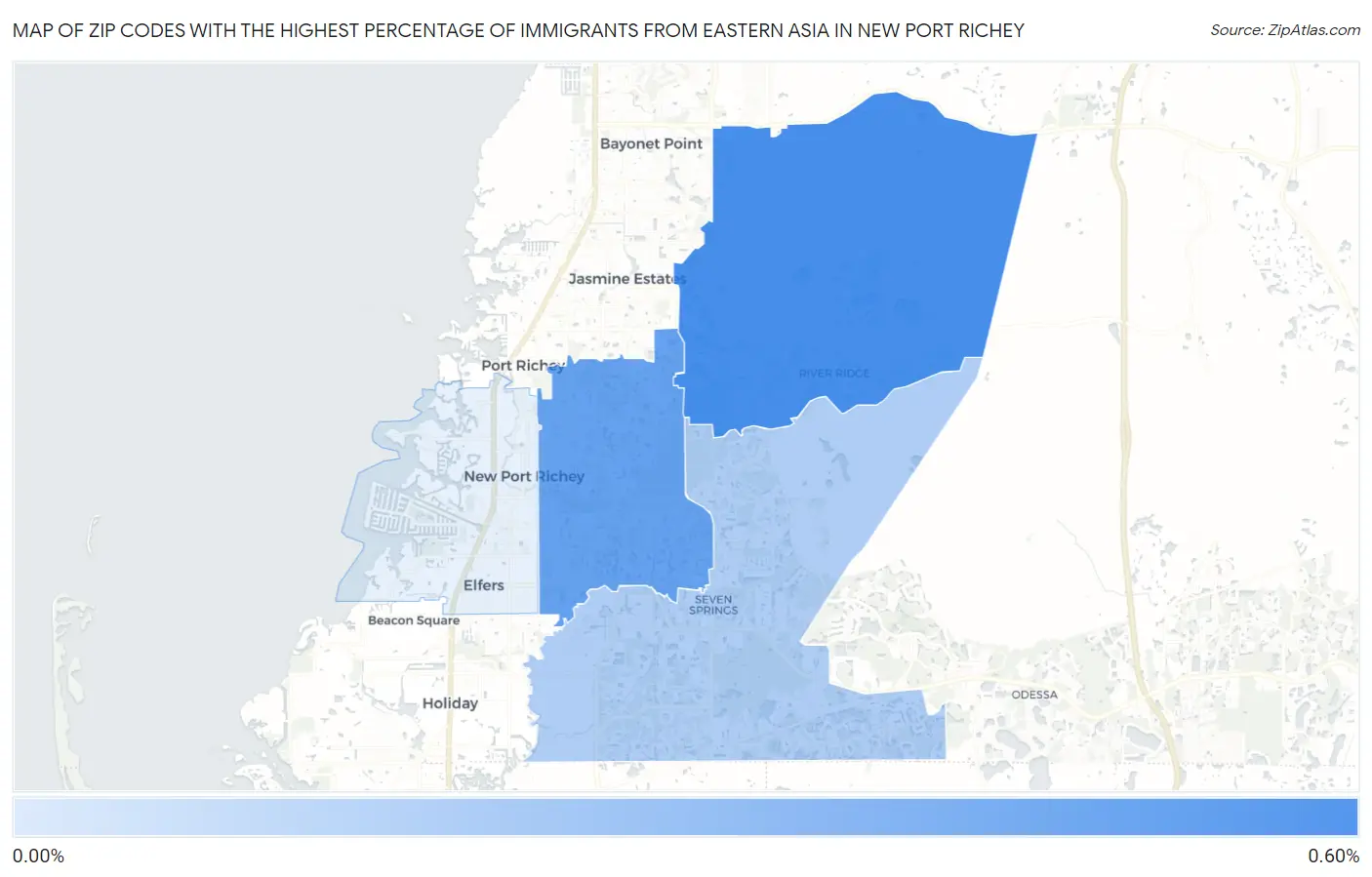 Zip Codes with the Highest Percentage of Immigrants from Eastern Asia in New Port Richey Map