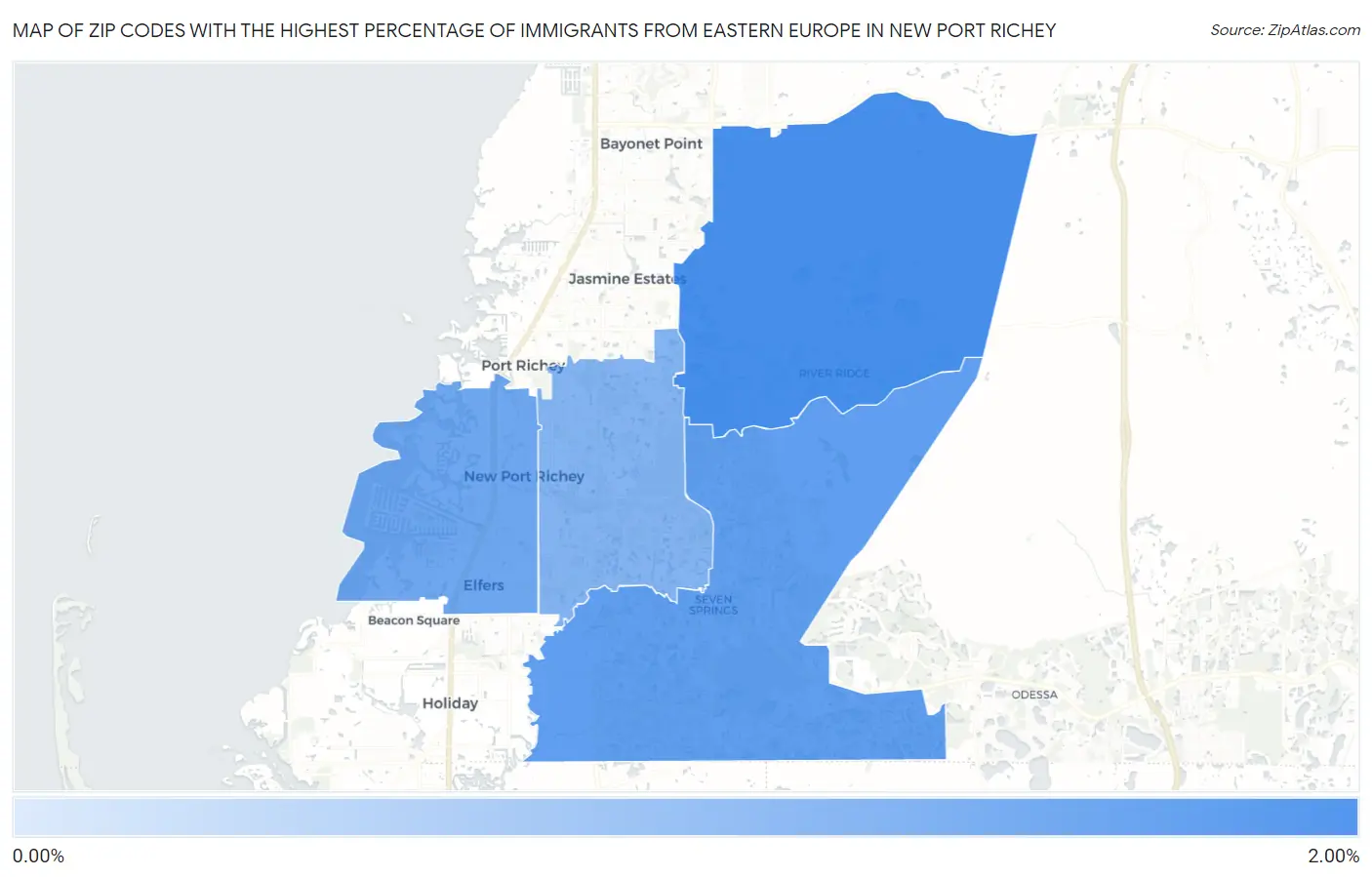 Zip Codes with the Highest Percentage of Immigrants from Eastern Europe in New Port Richey Map