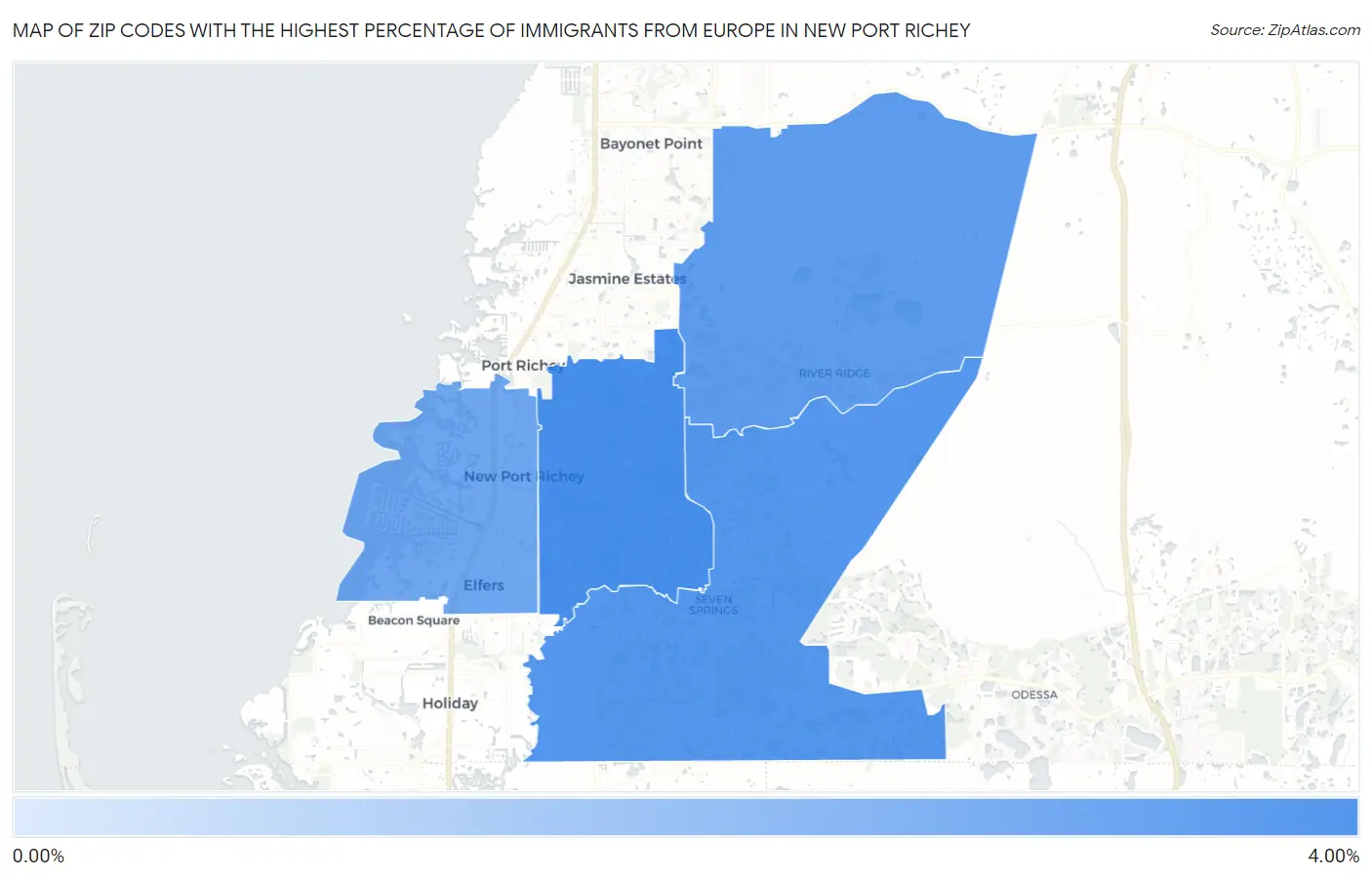 Zip Codes with the Highest Percentage of Immigrants from Europe in New Port Richey Map