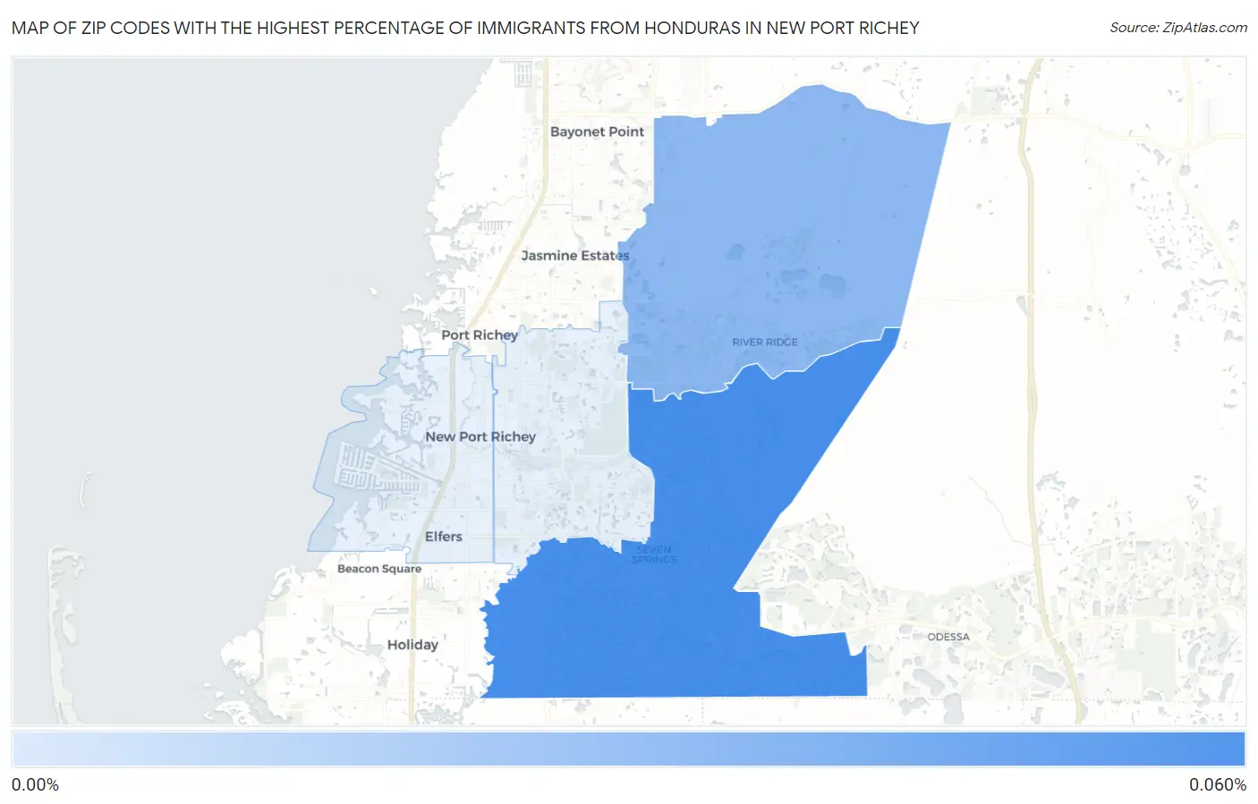 Zip Codes with the Highest Percentage of Immigrants from Honduras in New Port Richey Map
