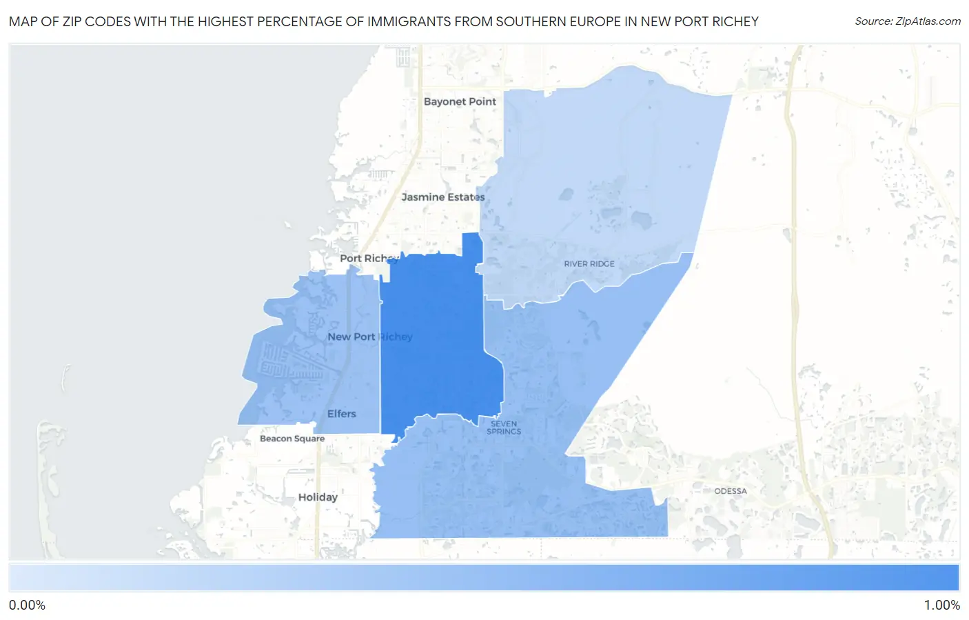 Zip Codes with the Highest Percentage of Immigrants from Southern Europe in New Port Richey Map