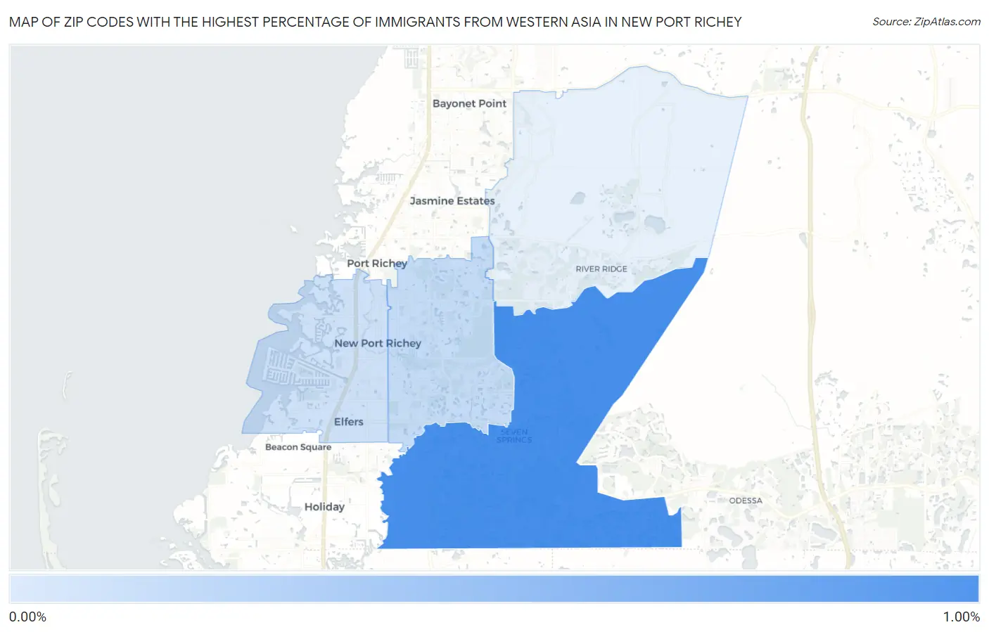 Zip Codes with the Highest Percentage of Immigrants from Western Asia in New Port Richey Map