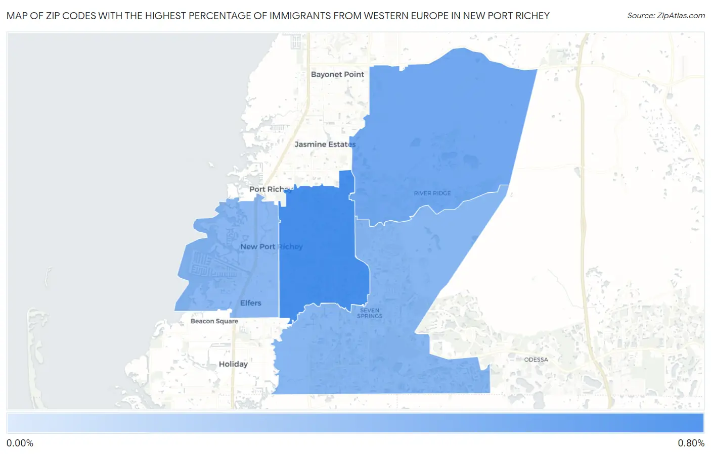 Zip Codes with the Highest Percentage of Immigrants from Western Europe in New Port Richey Map