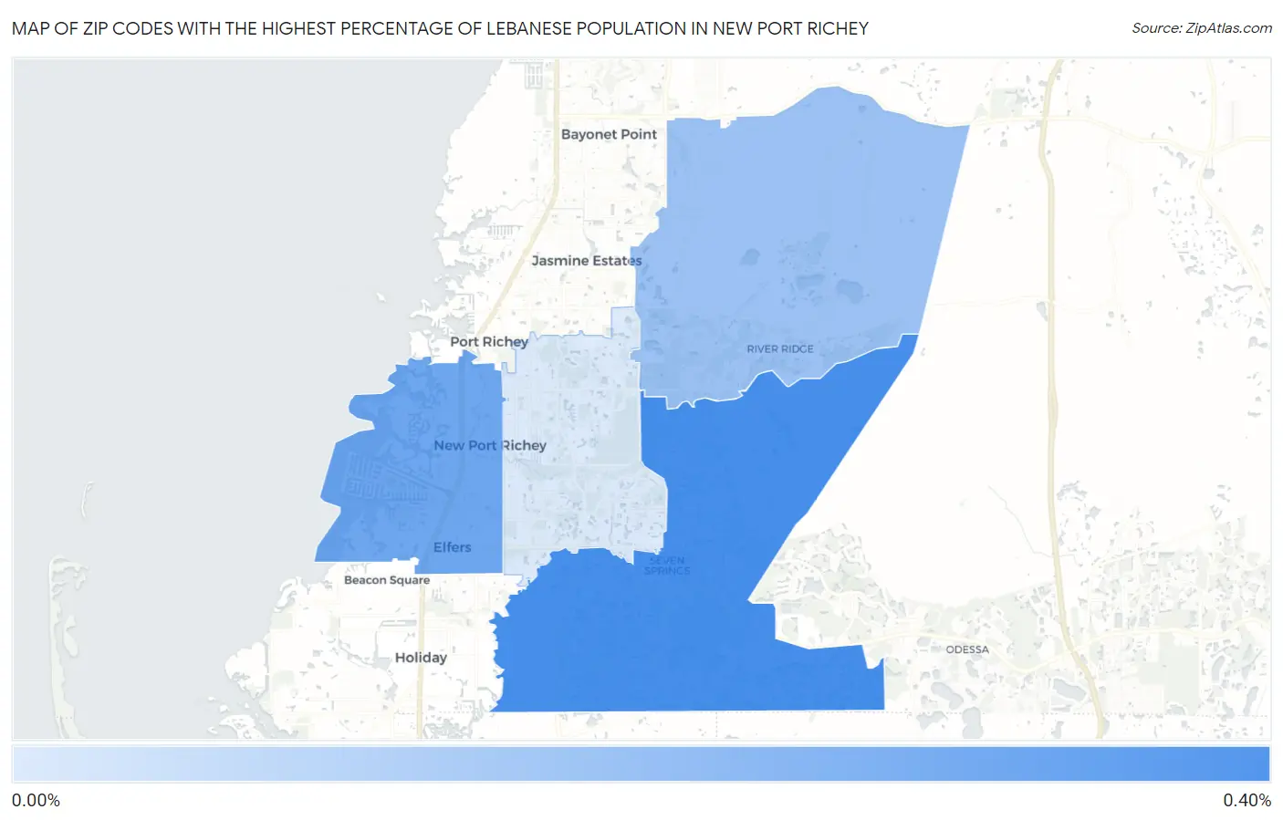Zip Codes with the Highest Percentage of Lebanese Population in New Port Richey Map