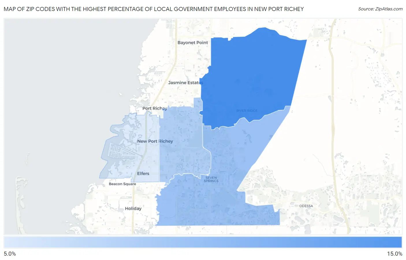 Zip Codes with the Highest Percentage of Local Government Employees in New Port Richey Map