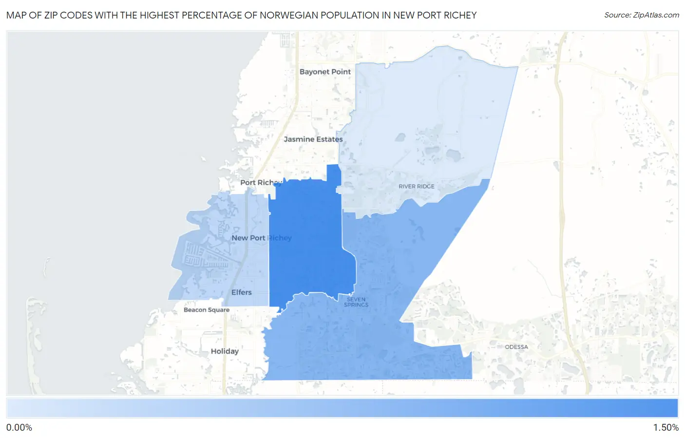 Zip Codes with the Highest Percentage of Norwegian Population in New Port Richey Map