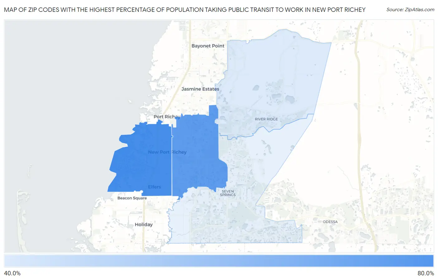 Zip Codes with the Highest Percentage of Population Taking Public Transit to Work in New Port Richey Map