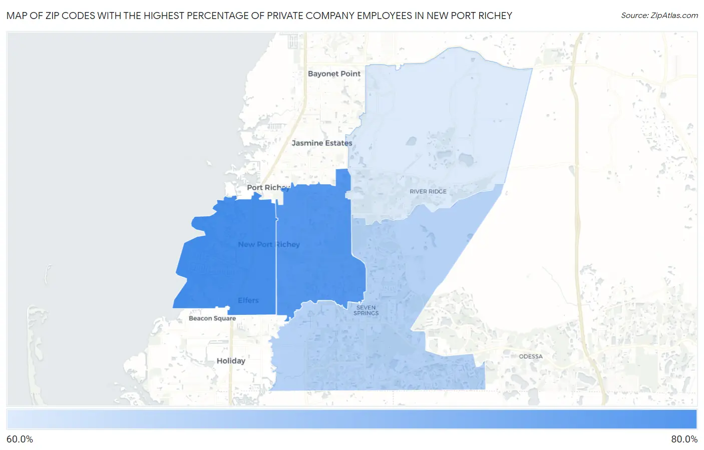 Zip Codes with the Highest Percentage of Private Company Employees in New Port Richey Map