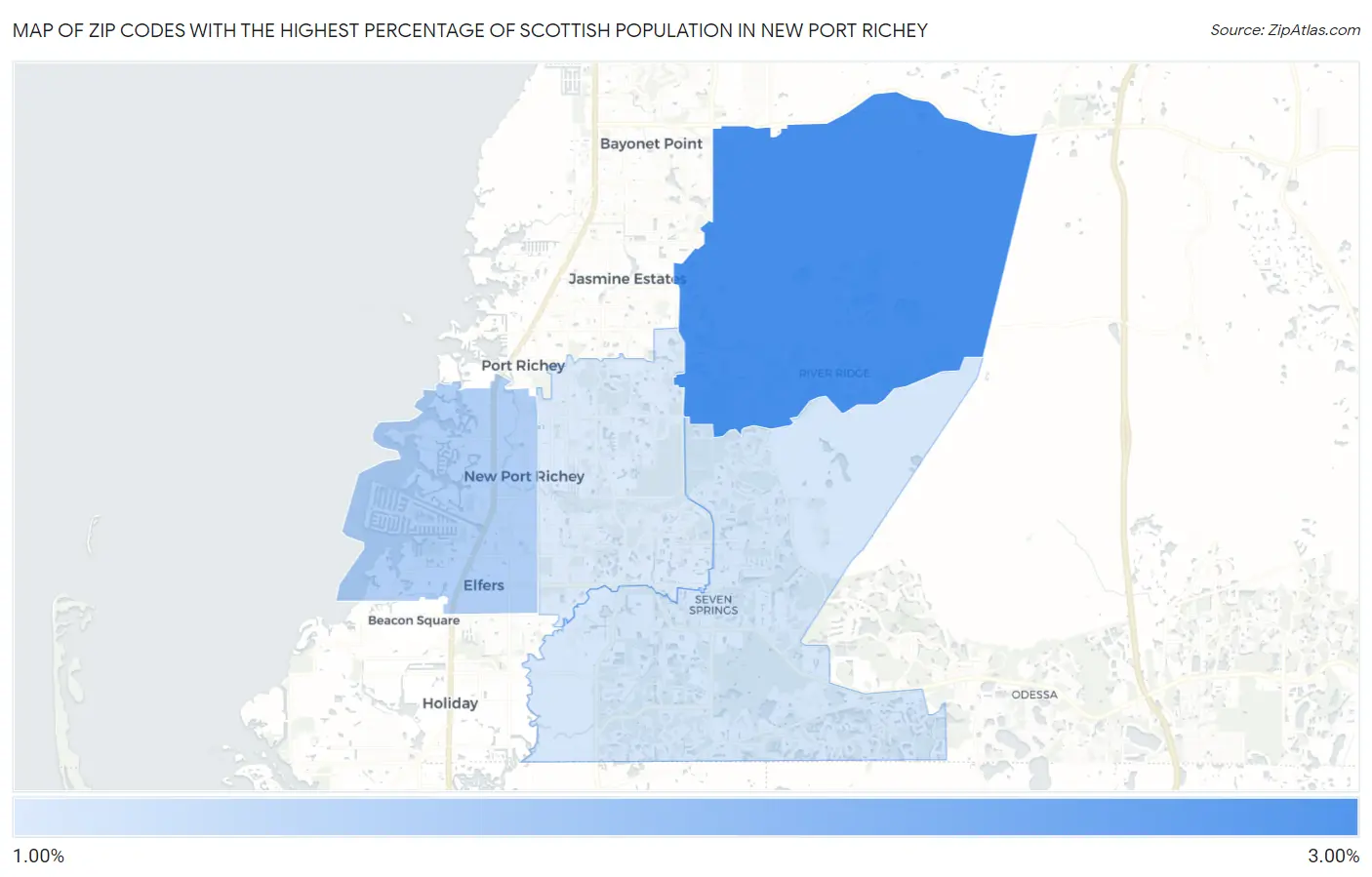 Zip Codes with the Highest Percentage of Scottish Population in New Port Richey Map