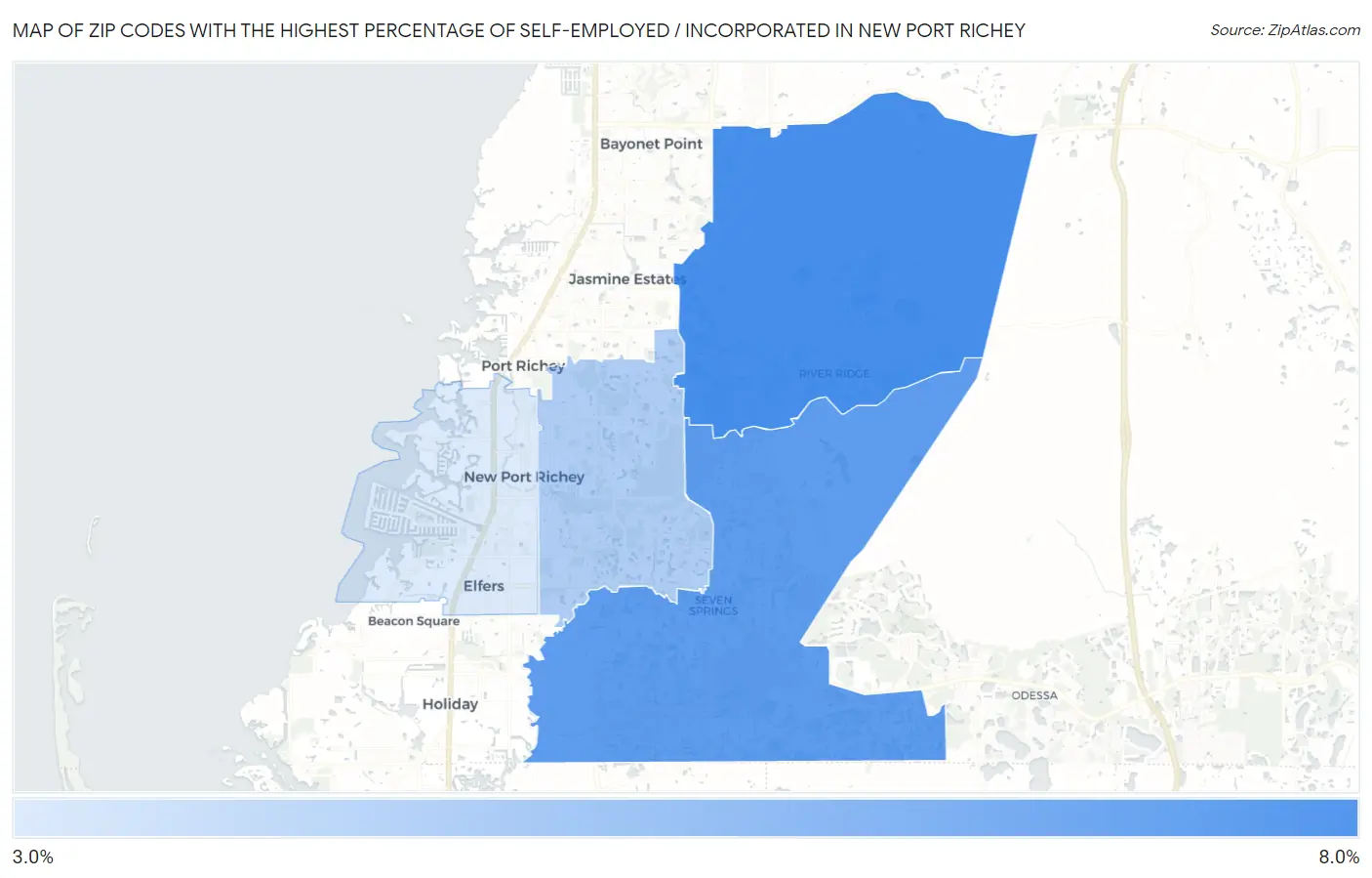 Zip Codes with the Highest Percentage of Self-Employed / Incorporated in New Port Richey Map