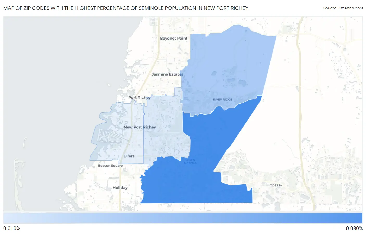 Zip Codes with the Highest Percentage of Seminole Population in New Port Richey Map