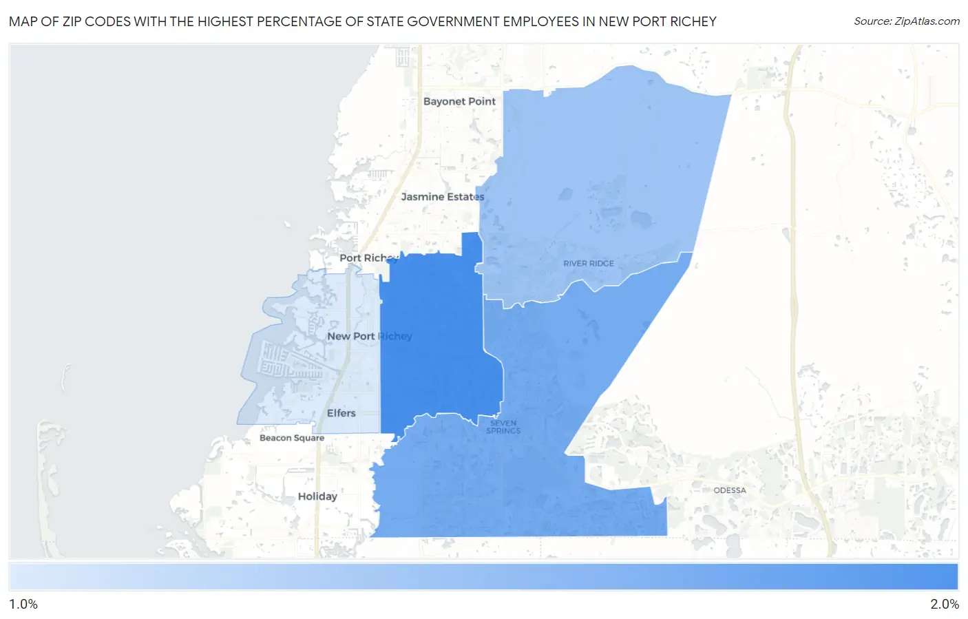 Zip Codes with the Highest Percentage of State Government Employees in New Port Richey Map