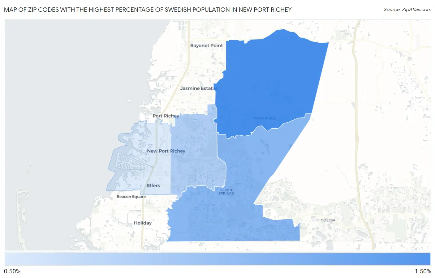 Zip Codes with the Highest Percentage of Swedish Population in New Port Richey Map