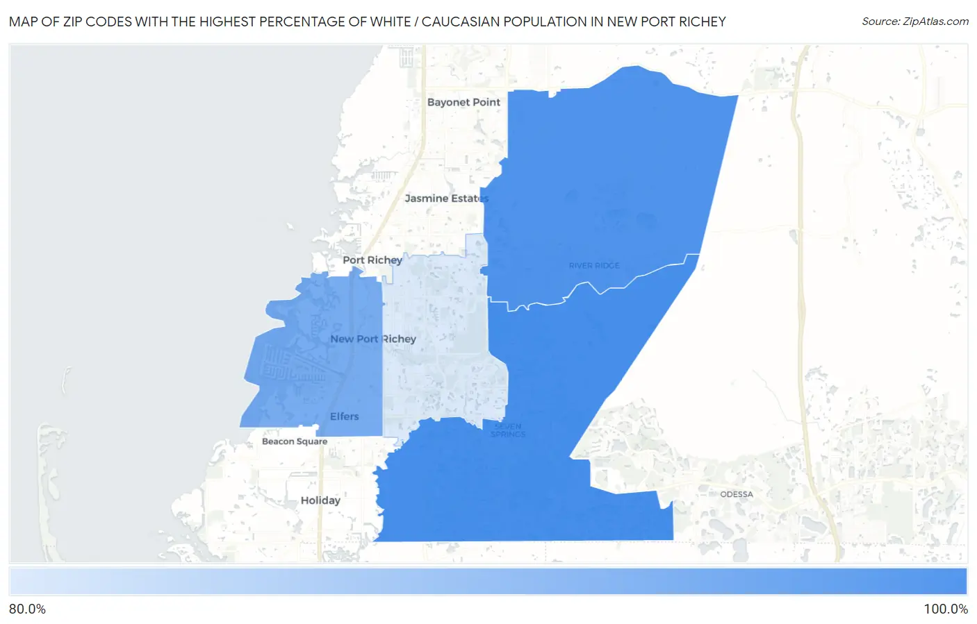 Zip Codes with the Highest Percentage of White / Caucasian Population in New Port Richey Map