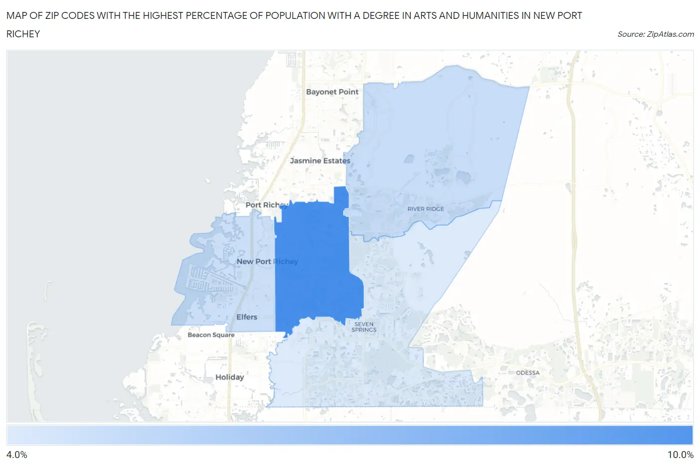 Zip Codes with the Highest Percentage of Population with a Degree in Arts and Humanities in New Port Richey Map