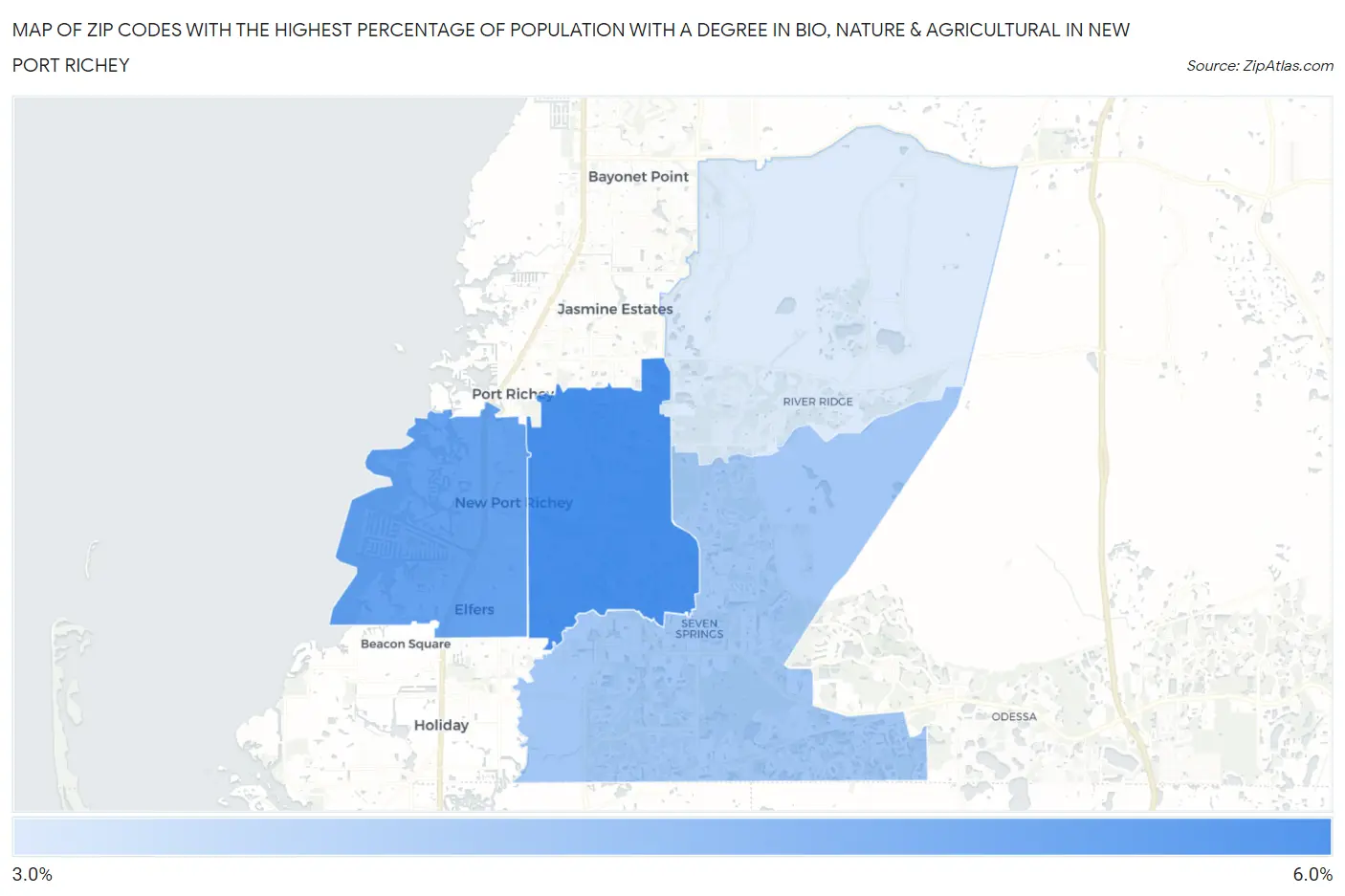 Zip Codes with the Highest Percentage of Population with a Degree in Bio, Nature & Agricultural in New Port Richey Map