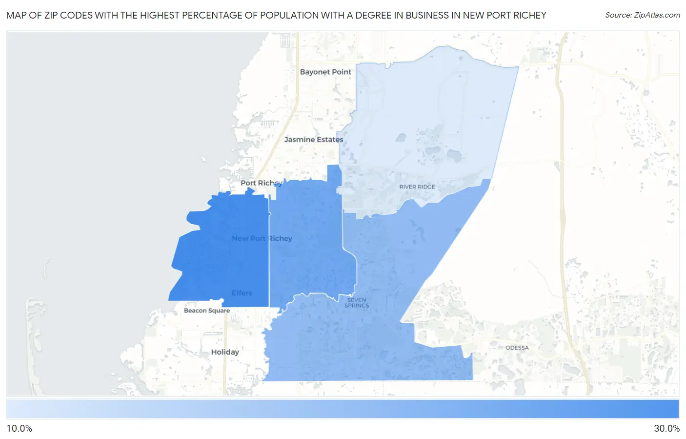 Zip Codes with the Highest Percentage of Population with a Degree in Business in New Port Richey Map