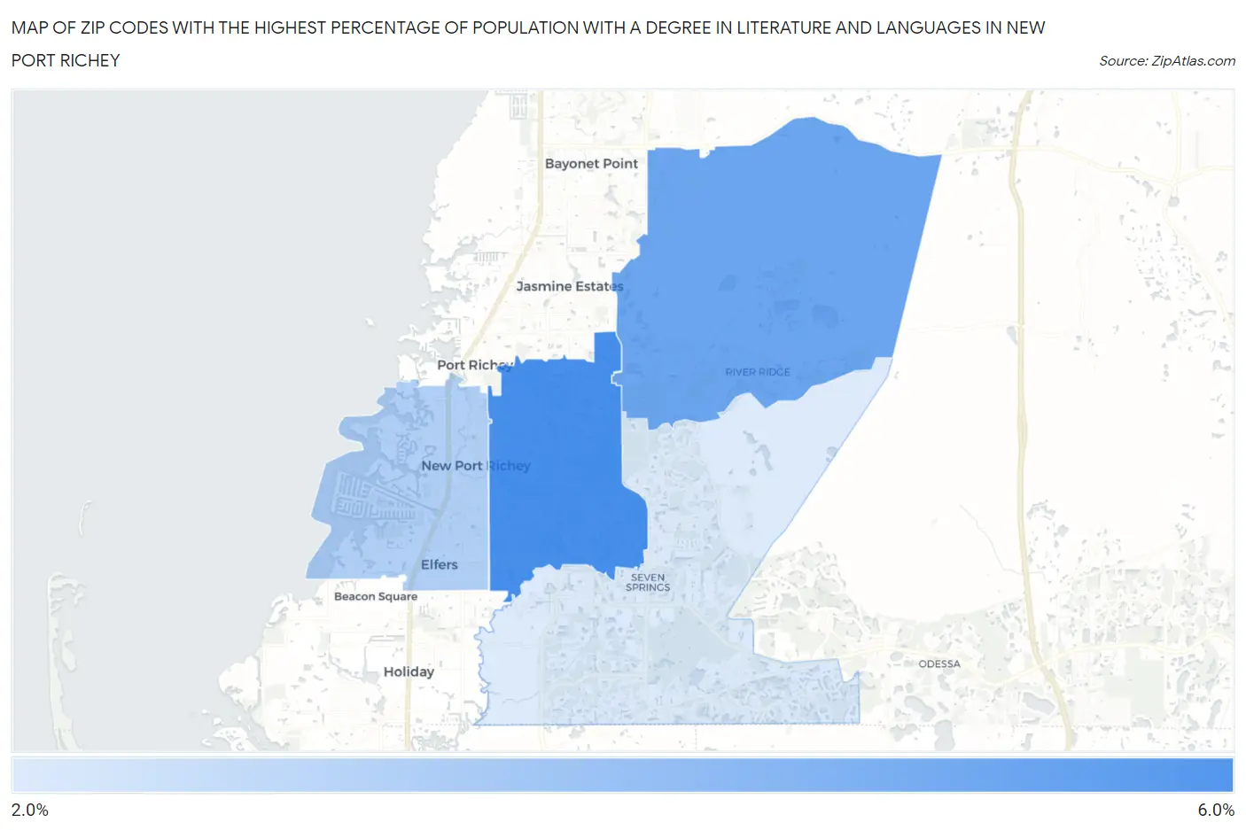 Zip Codes with the Highest Percentage of Population with a Degree in Literature and Languages in New Port Richey Map