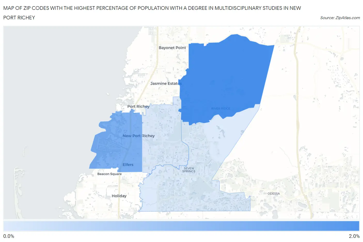 Zip Codes with the Highest Percentage of Population with a Degree in Multidisciplinary Studies in New Port Richey Map