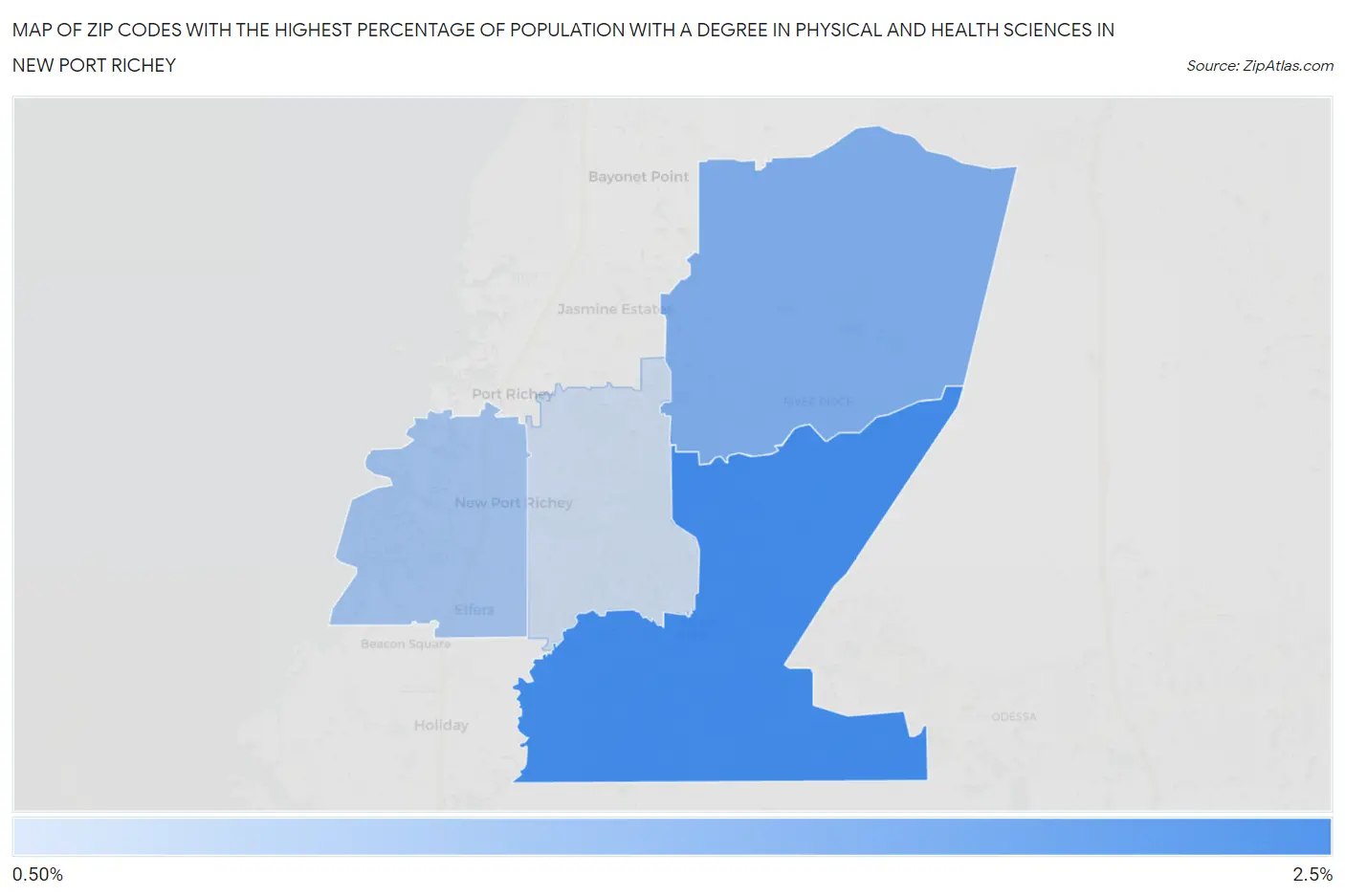 Zip Codes with the Highest Percentage of Population with a Degree in Physical and Health Sciences in New Port Richey Map