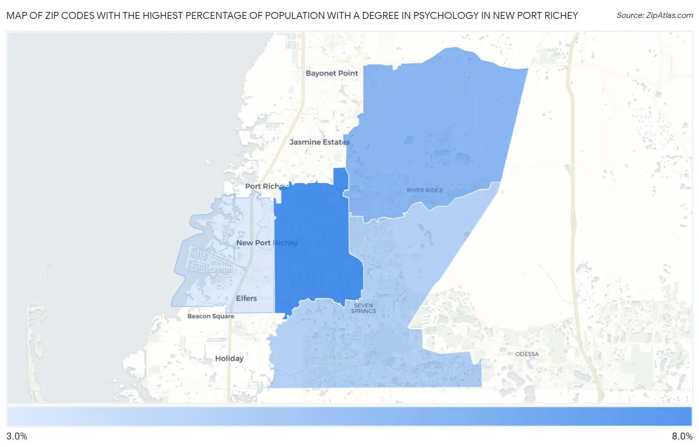 Zip Codes with the Highest Percentage of Population with a Degree in Psychology in New Port Richey Map