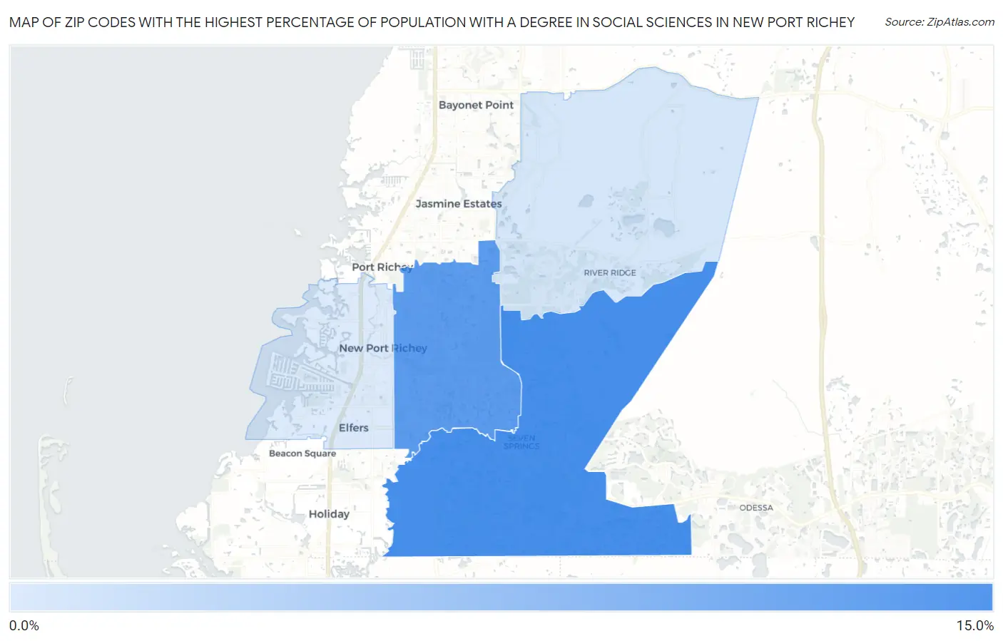Zip Codes with the Highest Percentage of Population with a Degree in Social Sciences in New Port Richey Map
