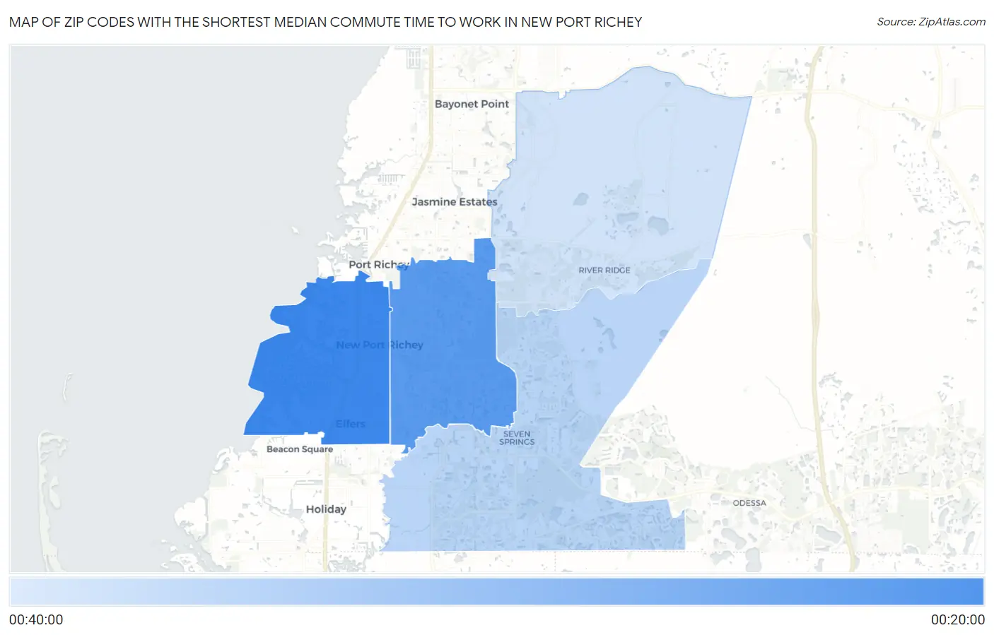 Zip Codes with the Shortest Median Commute Time to Work in New Port Richey Map