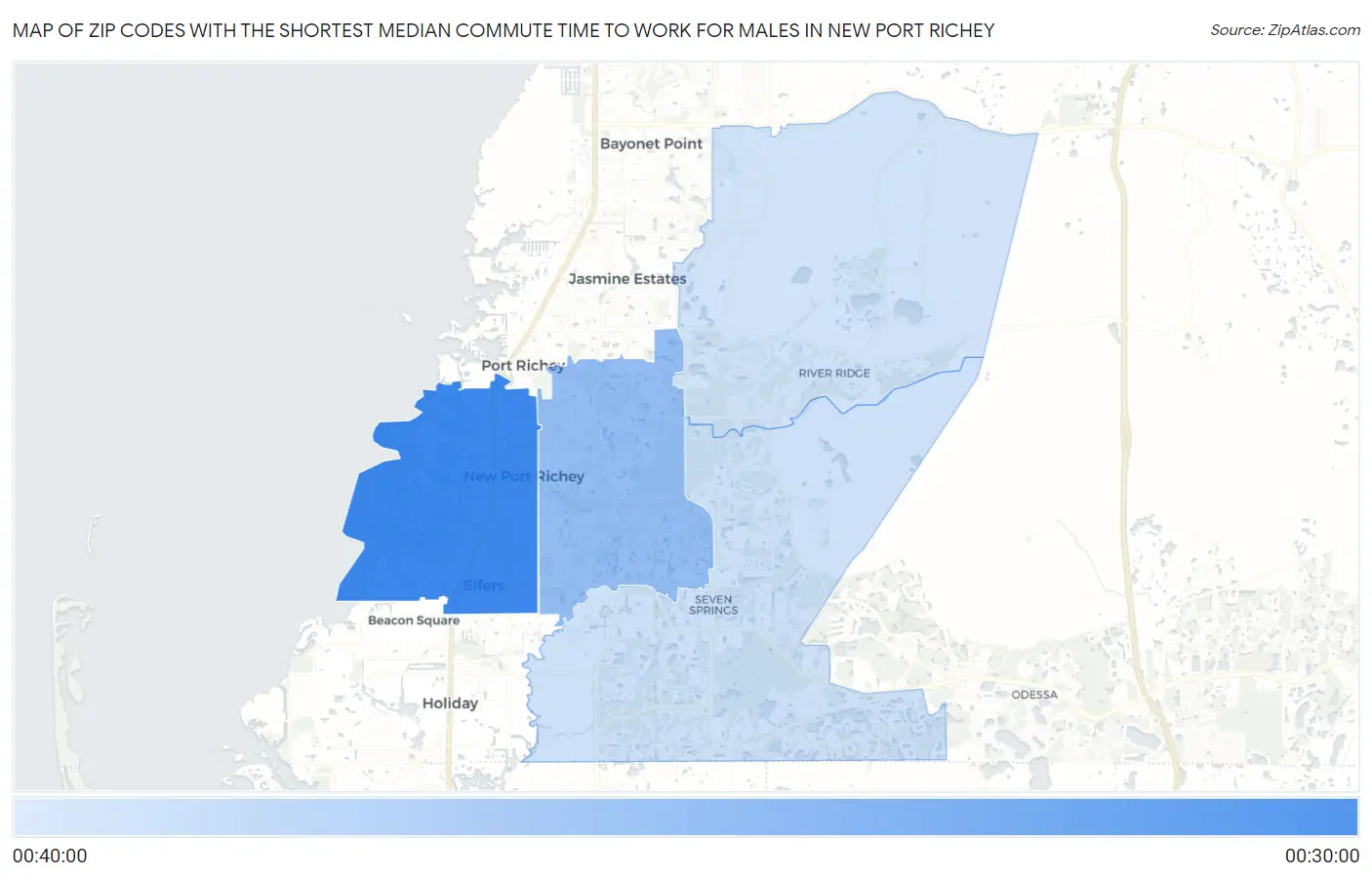 Zip Codes with the Shortest Median Commute Time to Work for Males in New Port Richey Map