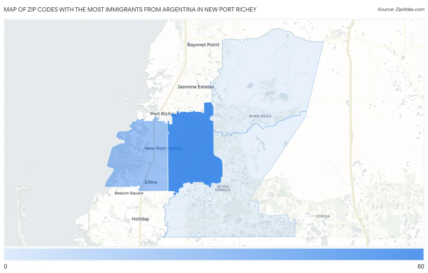 Zip Codes with the Most Immigrants from Argentina in New Port Richey Map