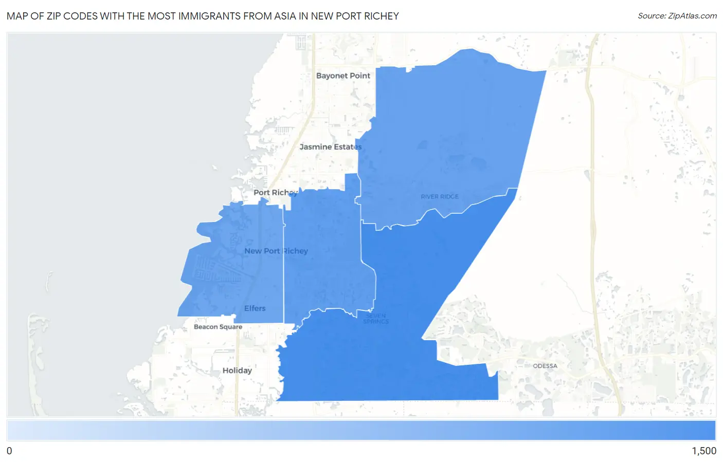 Zip Codes with the Most Immigrants from Asia in New Port Richey Map