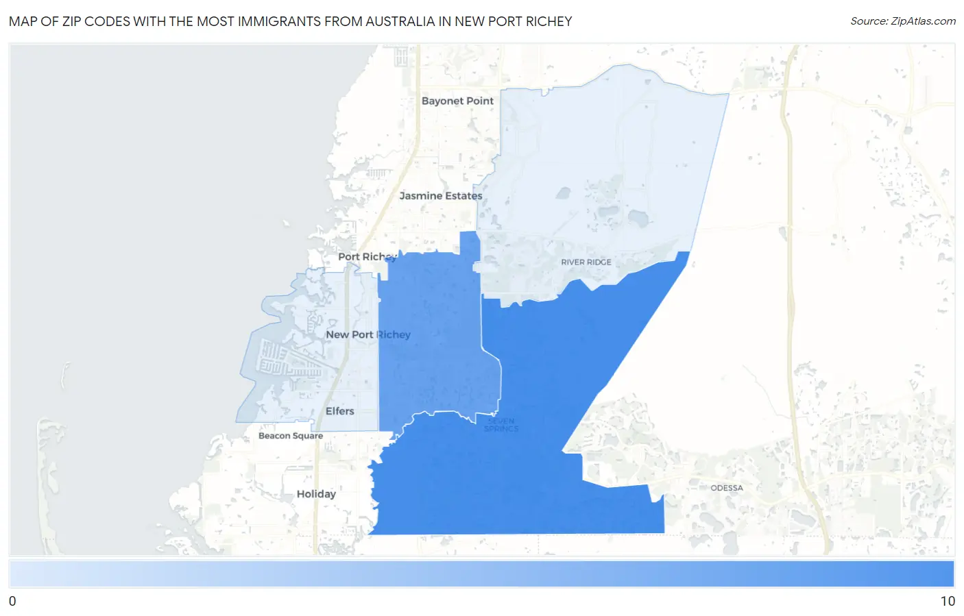 Zip Codes with the Most Immigrants from Australia in New Port Richey Map