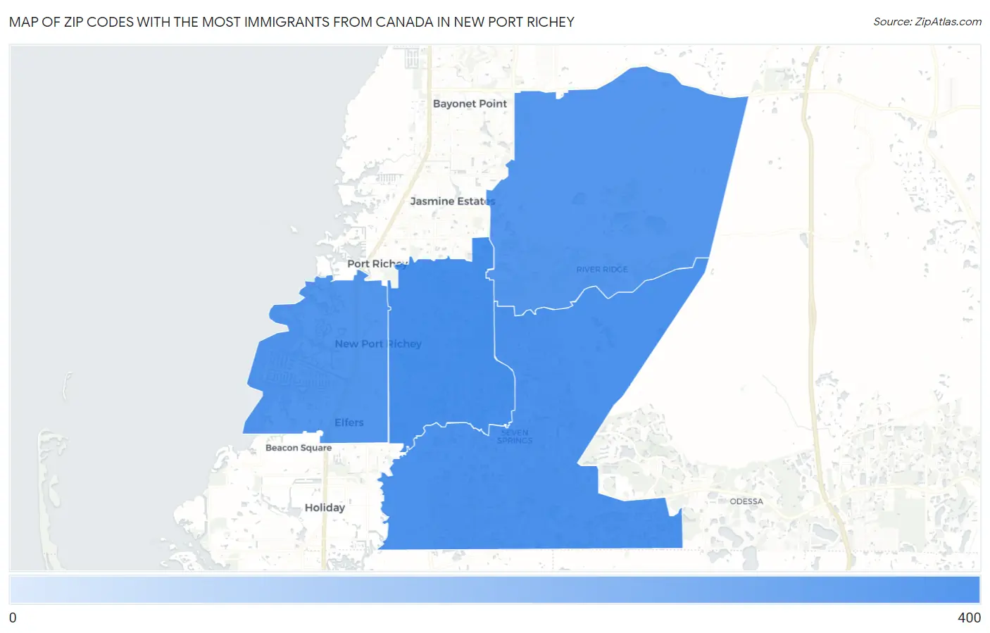 Zip Codes with the Most Immigrants from Canada in New Port Richey Map