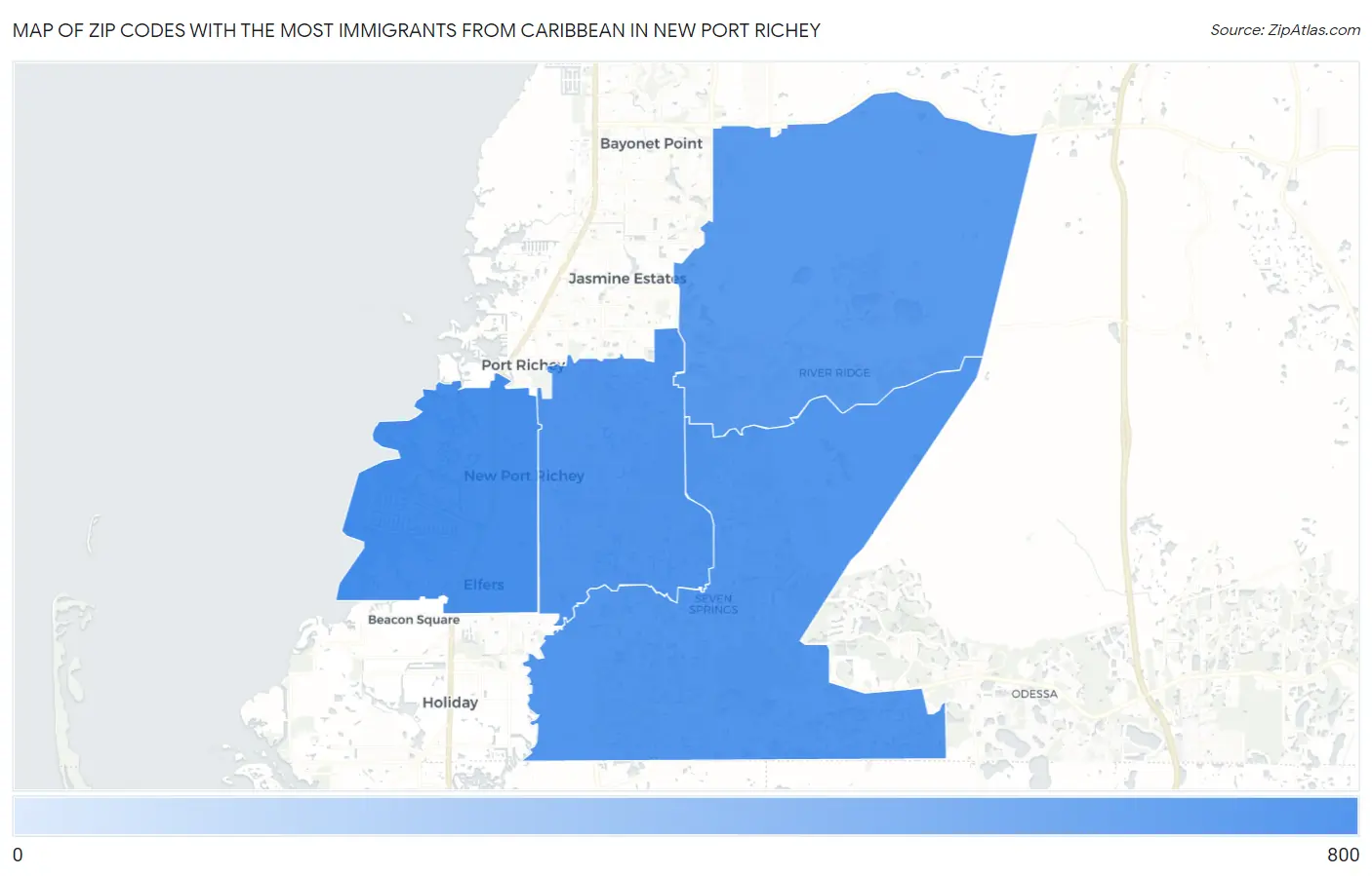 Zip Codes with the Most Immigrants from Caribbean in New Port Richey Map