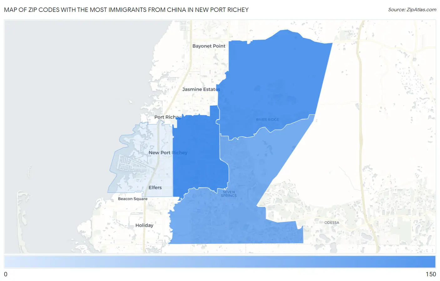 Zip Codes with the Most Immigrants from China in New Port Richey Map